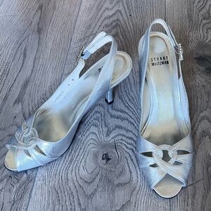 Stuart Weitzman‎ Metallic Silver open toe Heels